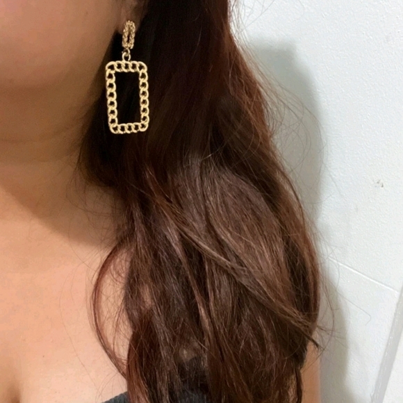 Gold Statement Earrings Metallic chunky chain link‎ square Retro💖2/$30 - Picture 1 of 13